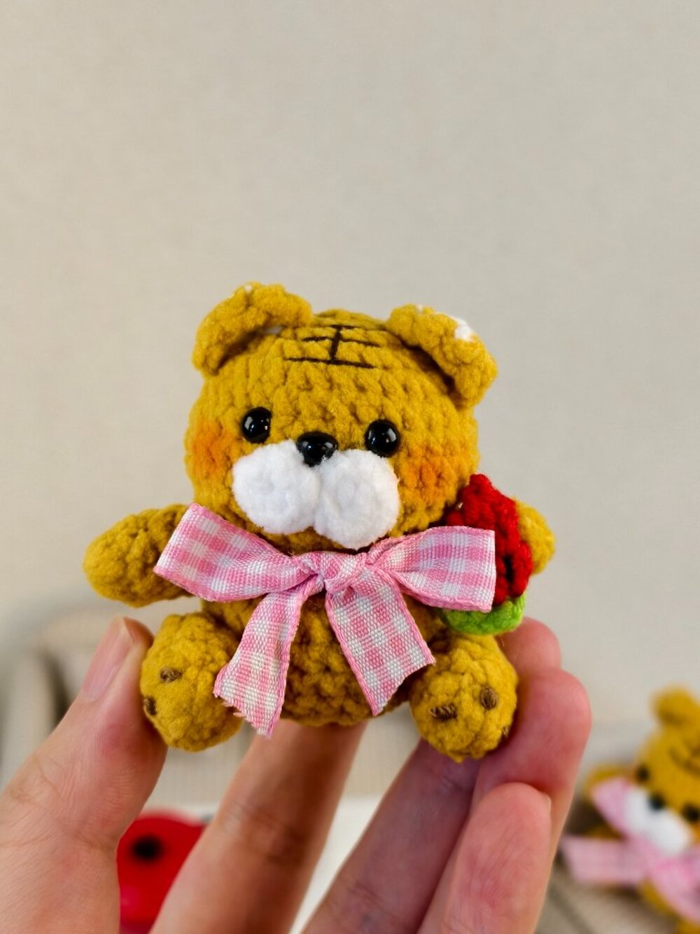 Handmade Amigurumi Crochet Tiger Wearing a Pink Bowknot Plushie